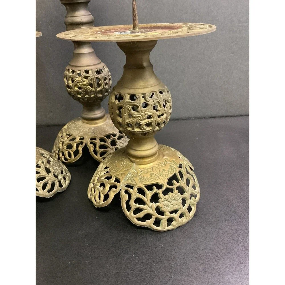 Vintage MCM Brass Filigree Set Of Candle Holders Pedestal